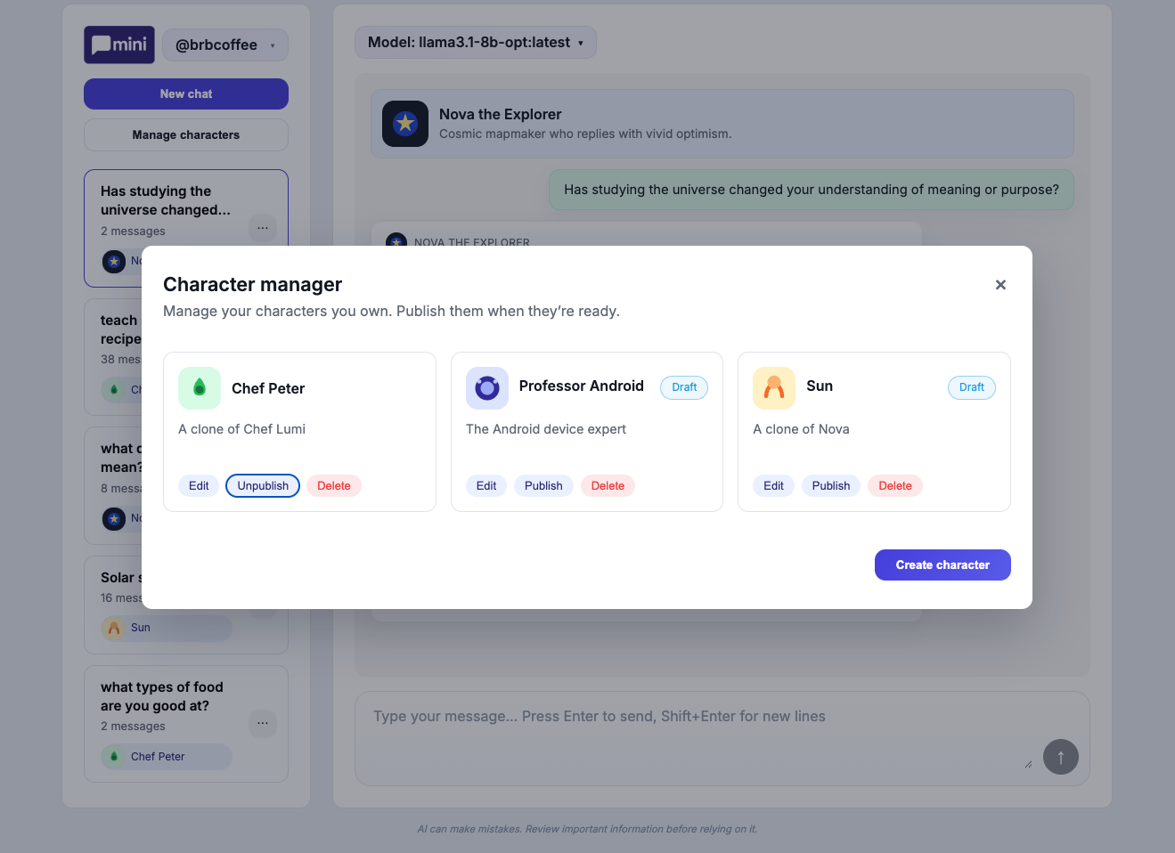 Character management screen